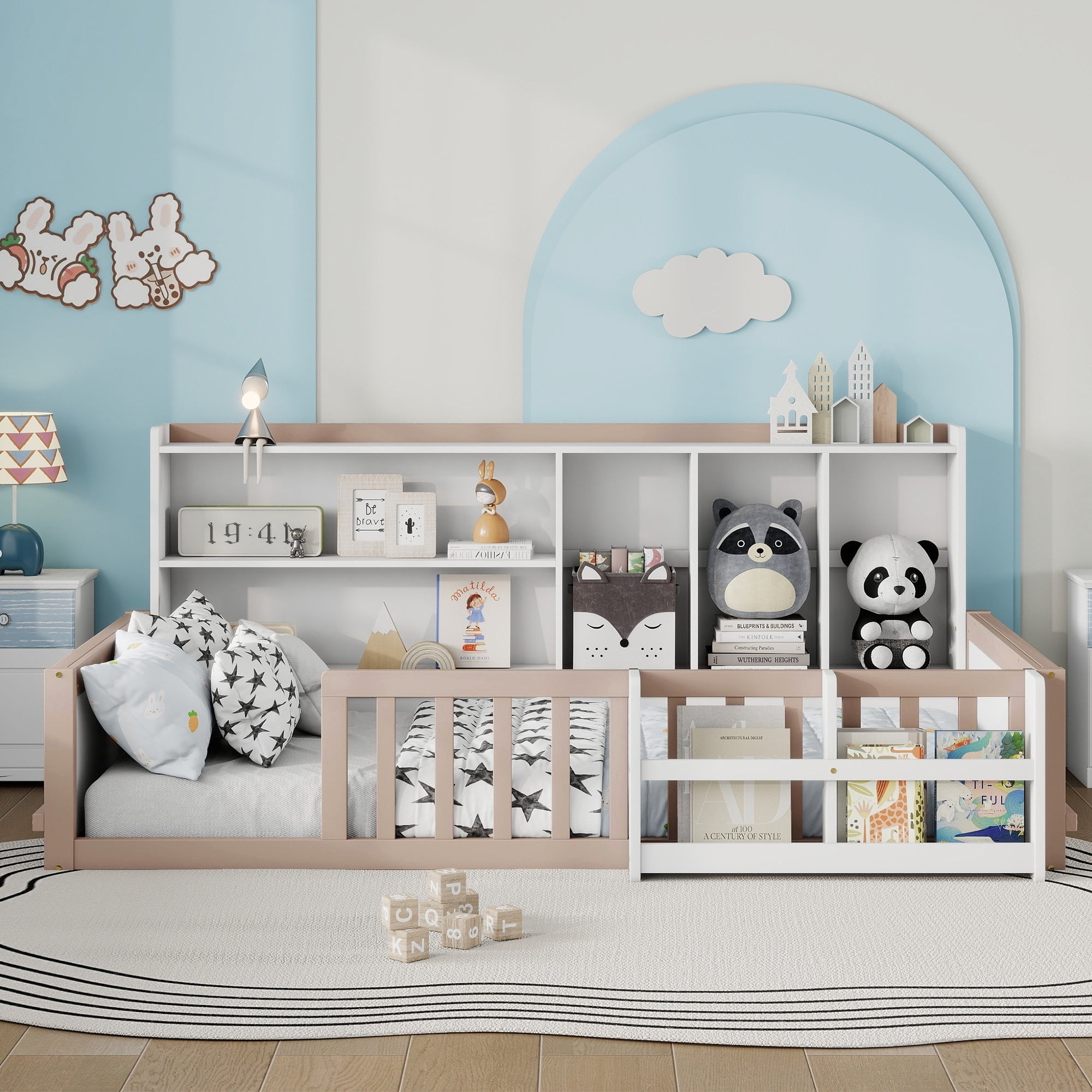 Mintazer Twin Size Montessori Floor Bed with Bookshelf & Guardrails, Kids Platform Bed Frame with Storage Cubbies for Bedroom, White & Natural