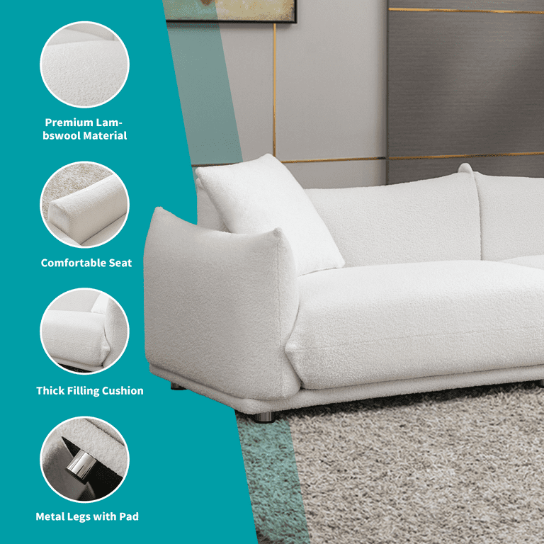Hison Lambswool 3 Seat Cushion Couch 87'' Comfy Couch for Living Room deep  seat Sofa with 2 Pillows (White)