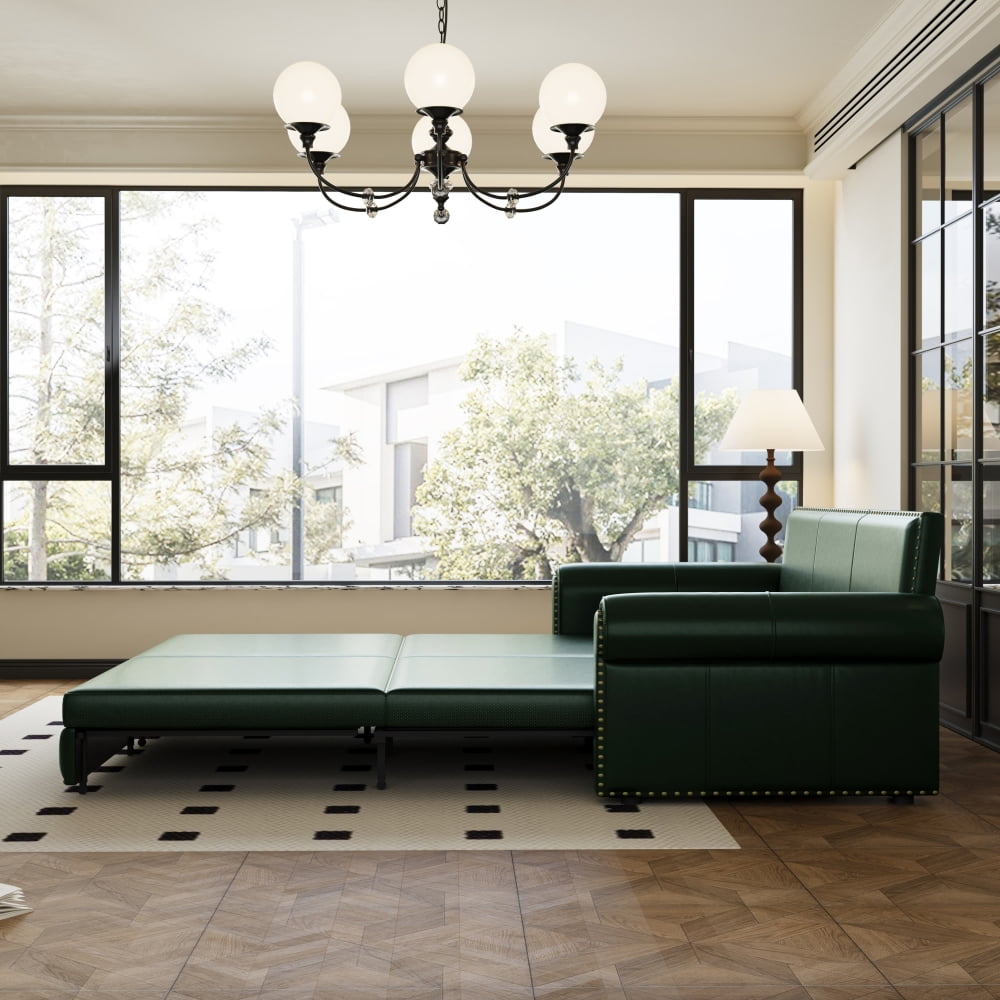 Chesterfield Sofa,93.7" King Pull Out Sofa Bed,3-in-1 Faux Leather Convertible Sleeper Sofa with Nailhead Trim & Rolled Arm,Multi-Functional Sofa Bed for Living Room, Bedroom, Green