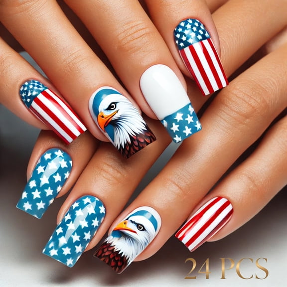 Independence Day French Tip Press-On Nails, Almond,Red White Blue,Medium Length, 24 Count,C