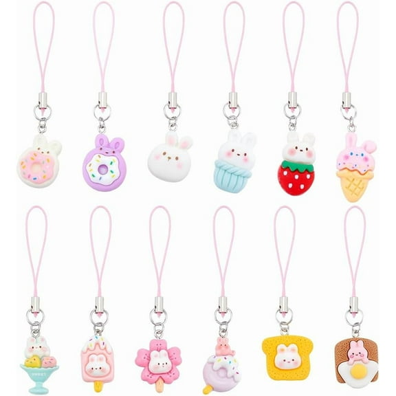 12 Pcs 12 Styles Phone Strap Charms Cute Resin Phone Charm Pendants Bunny Phone Charms String for Cell Phone Keychain Bag Phone Case Accessories 1set