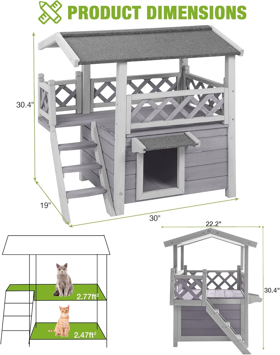 MEDEHOO Cat House Outdoor Weatherproof – 100% Solid Fir with Waterproof Paint, Two-Level Design, All-Weather Protection & Elevated Base – Kitty Shelter for Feral Cats, Indoor/Outdoor Use