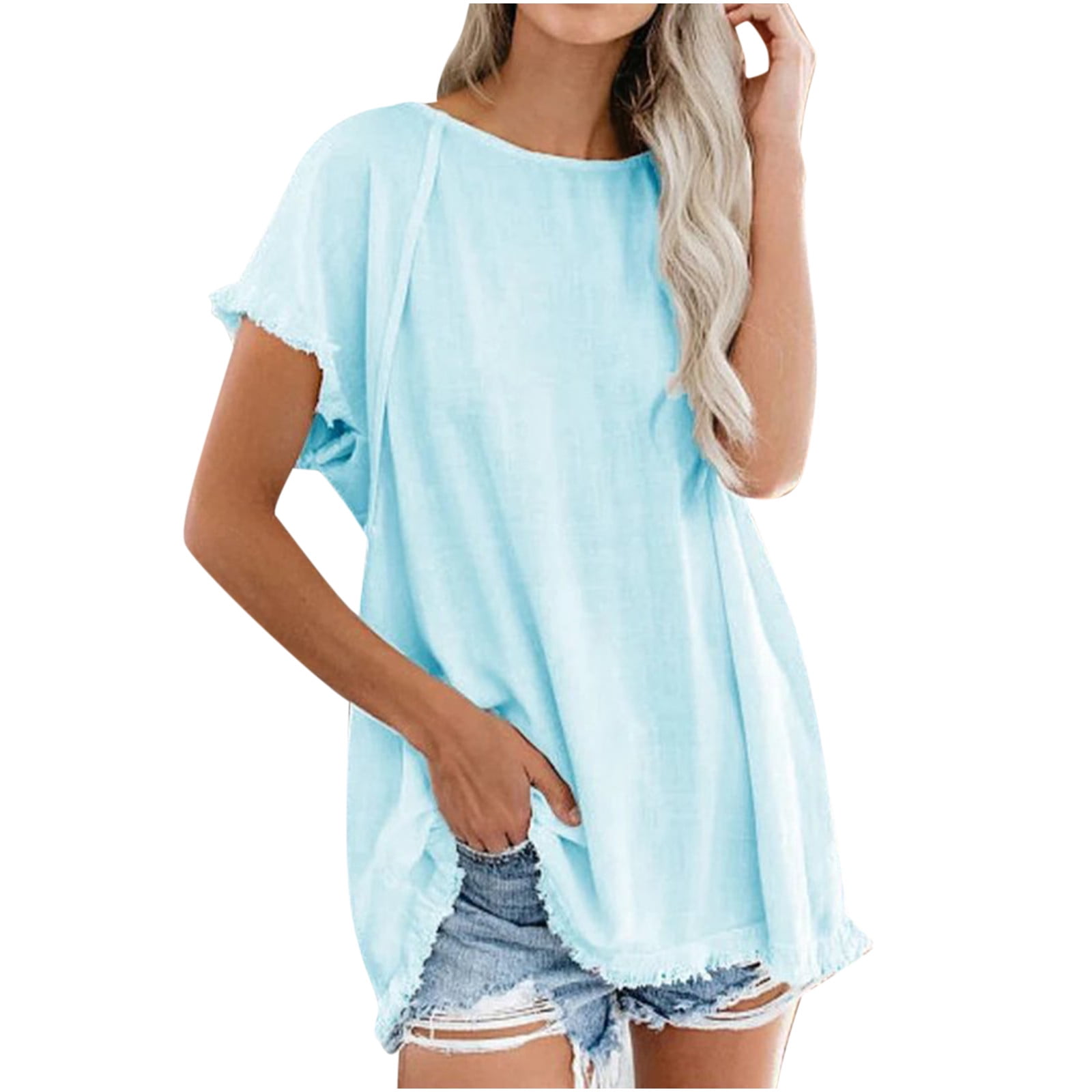 ZQGJB Summer Casual Short Sleeve Shirts for Women Solid Color Crewneck Tees  Loose Tassels Cotton T-Shirts Trendy Cozy Tunic Blouse Light Blue L