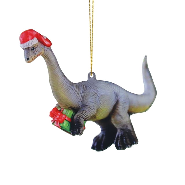 adorno navideño con dinosaurio colgante adornos navideños multicolor, colgante acrílico frontal de dinosaurio con gorro navideño rojo y regalo verde con lazo rojo, doble cara, suspendido de cordón dorado sobre fondo blanco; para árbol, retrovisor, bolsa o decoración del hogar.