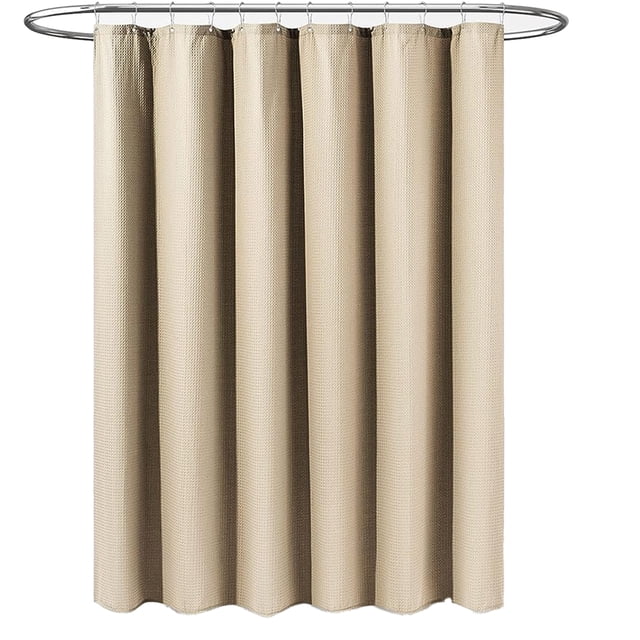 Cortina de ducha de tela beige, cortinas de ducha de tela resistente con textura tipo gofre para baño, juego de cortinas de baño con peso de lujo para spa de hotel con 12 ganchos de plástico, 71 x 71