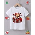 thumbnail image 1 of Girls' Summer Short Sleeve T-Shirt with "Alphabet Reading Deer" Print, Christmas Themed, Casual Knit Fabric, Cotton, Round Neck, Cartoon Pattern, Regular Fit - Pink, 1 of 6