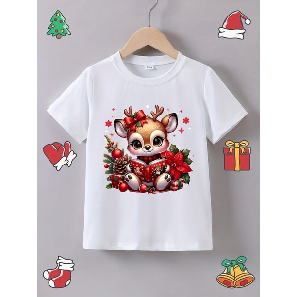 Girls' Summer Short Sleeve T-Shirt with "Alphabet Reading Deer" Print, Christmas Themed, Casual Knit Fabric, Cotton, Round Neck, Cartoon Pattern, Regular Fit - Pink