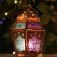 thumbnail image 4 of In the Breeze 9210 —Teal & Purple Hex Tealight Lantern — Moroccan-Style Boho Chic Tealight Glass and Metal Tabletop Lantern, 4 of 6