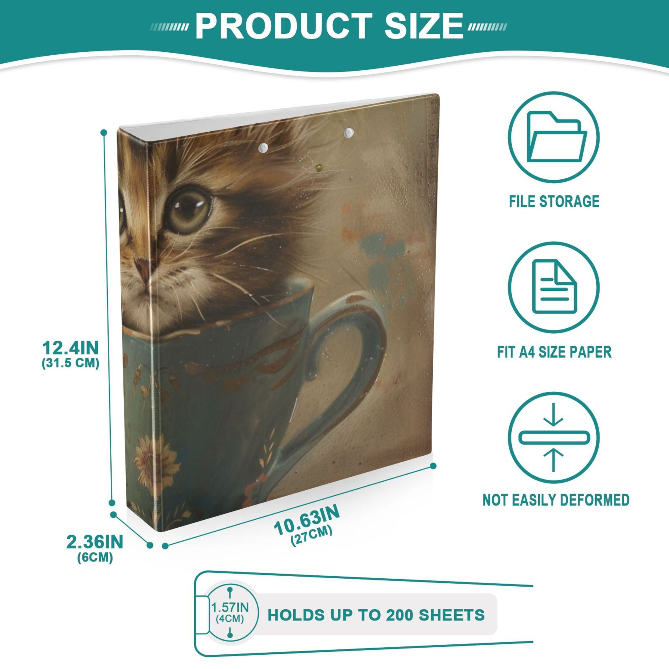 Cat in Cup 3 Ring Binders 1.5 inch Hardcover File Folders with Interior Pockets A4 Size Organizer for School Office Hospital