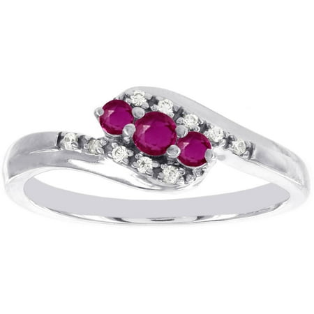 Ruby Diamond Accented 10kt White Gold 3-Stone Promise Ring