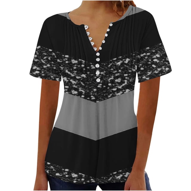 SDNall Printed V-Neck Button Up Short Seeved Top Short for Women,Tops for Women