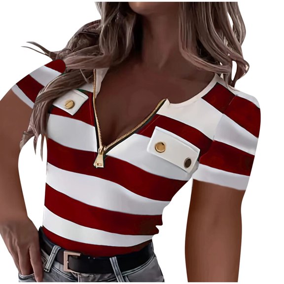 AherBiu Women Ribbed Blouse Striped Quarter Zipper Crewneck Stretch Slim Fitted Short Sleeve Summer Tops for Women