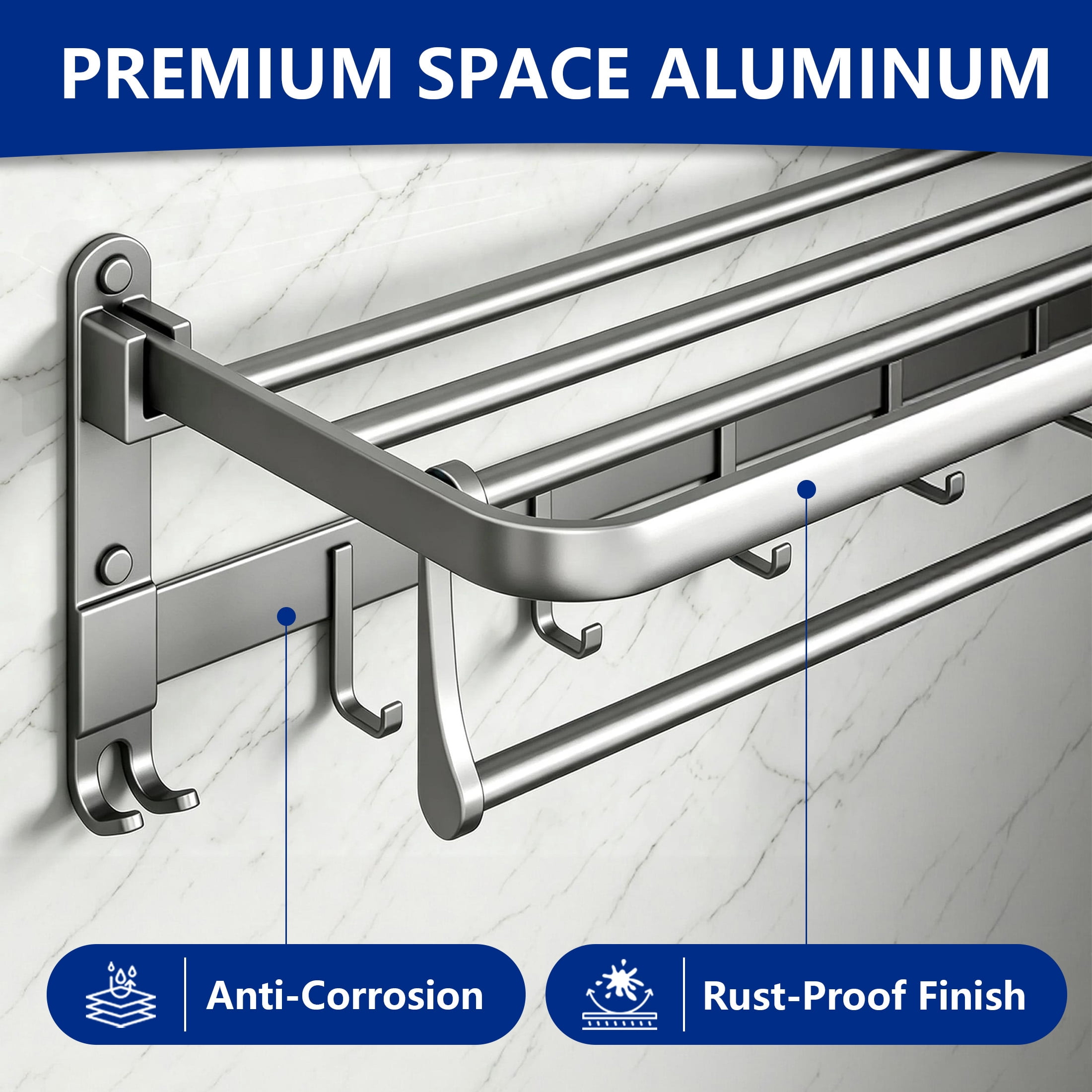 GARITIN Bathroom Towel Rack, 90° Rotatable Aluminum Towel Bar with Shelf & Hooks, Wall Mount Towel Holder for Shower Toilet Hotel