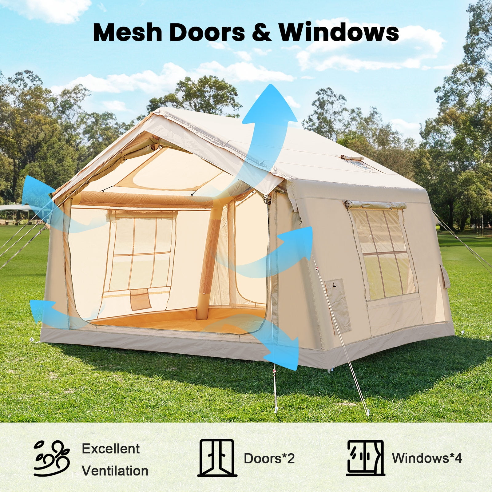 MOPHOTO 4-6 Person Inflatable Tents for Camping, Blow Up Tent with Hand Pump, Easy Setup Inflatable Hot Tent with Stove Jack, Waterproof Oxford Air Glamping Tents for Camping Adult