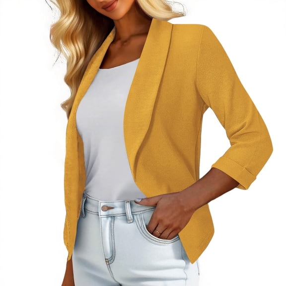 Womens 3/4 Sleeve Blazers Open Front Lightweight Cropped Cardigan Casual Business Work Office Pockets Shrug Jackets