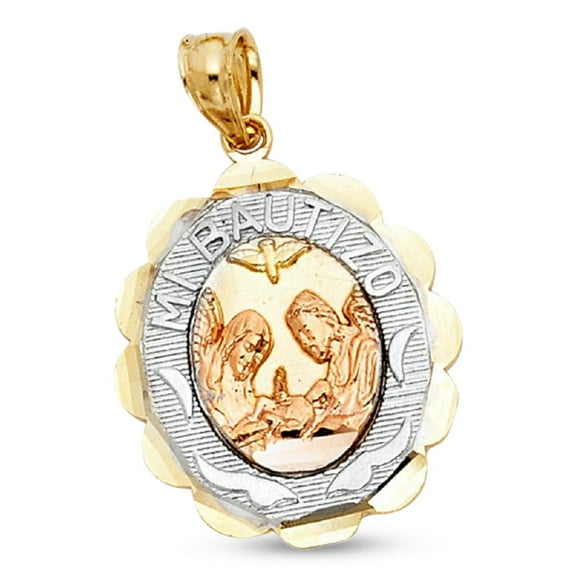 Mi Bautizo Pendant Solid 14k Yellow White Rose Gold Baptism Medallion Charm Tri Color 20 x 15 mm