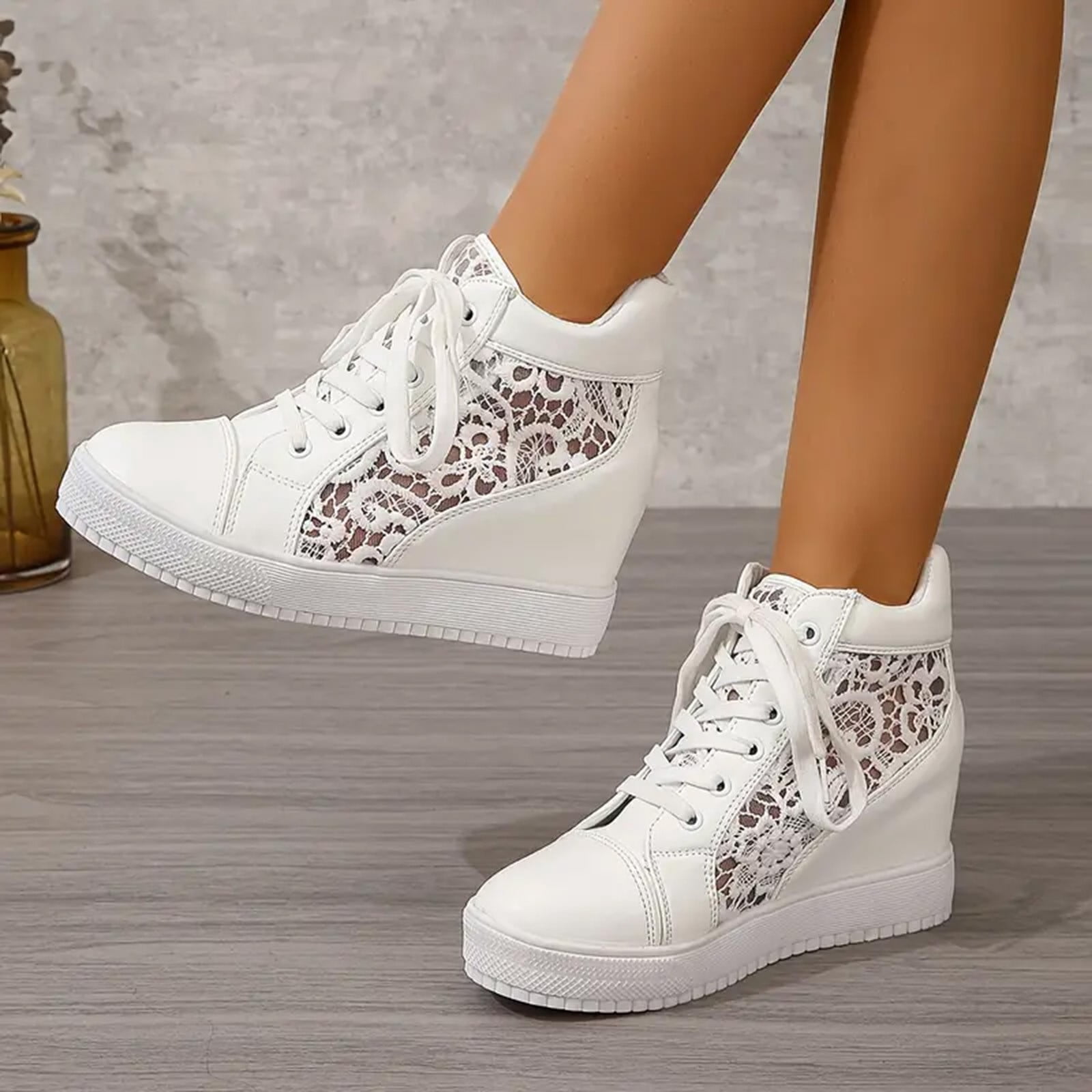 Platform High Top Fashion Sneakers for Women with Hidden Wedge High Heels Casual Canvas Shoes