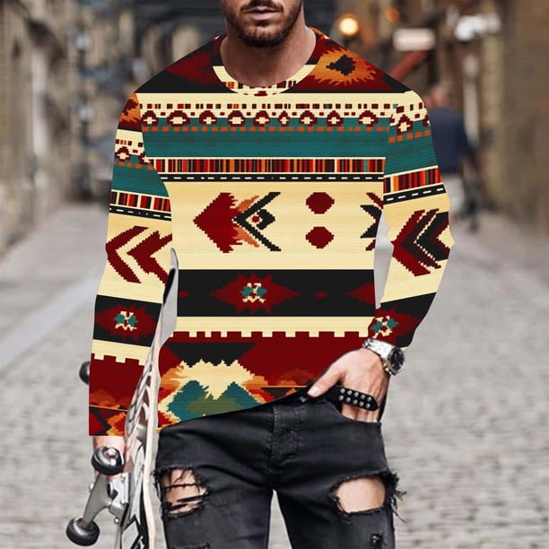 Blusas y camisas de manga larga con cuello redondo para hombre, blusa informal de moda con estampado de cuello redondo y manga larga, blusa estampada para hombre, blusa de poliéster