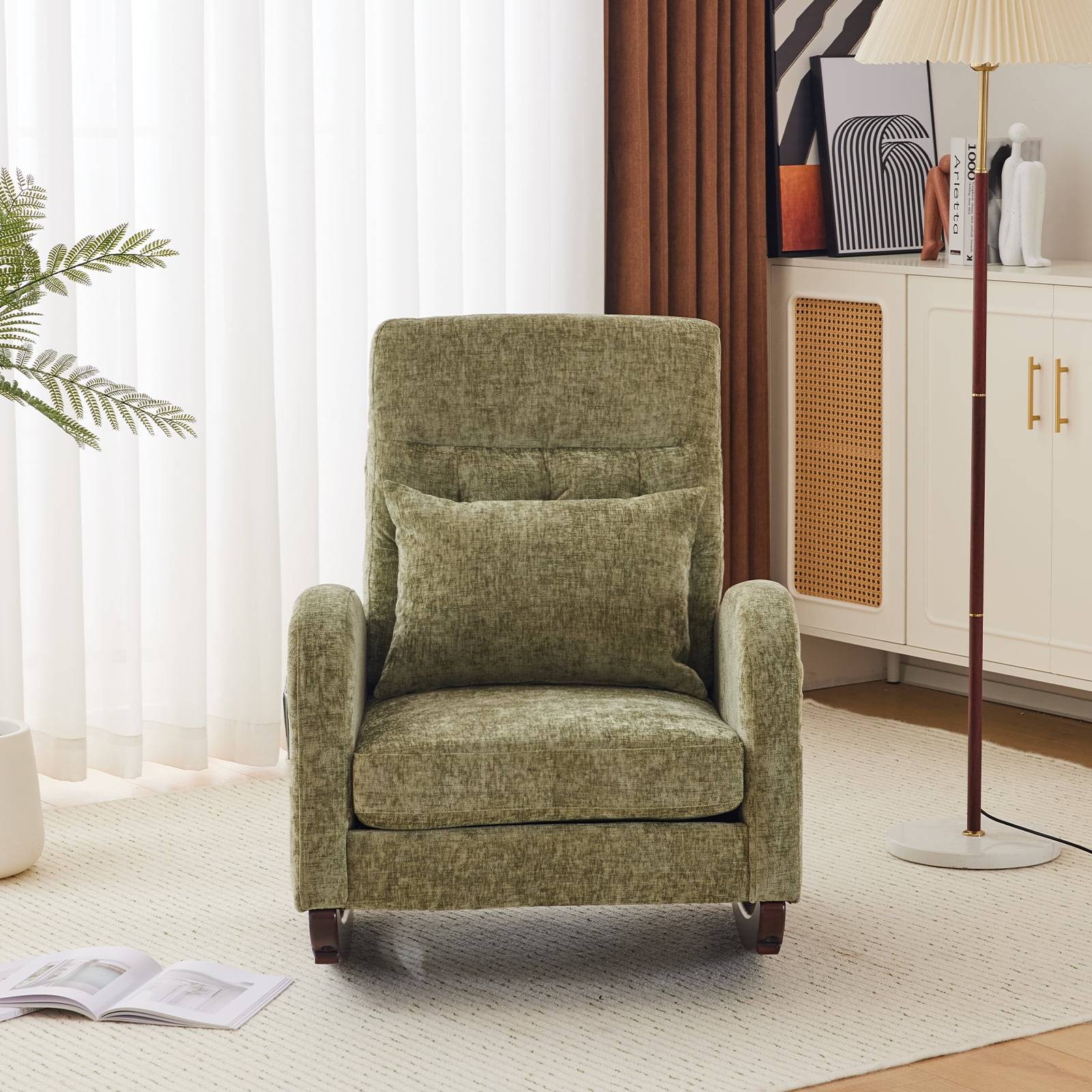 Ktaxon Rocking Accent Chair Glider Reading Chair Comfy Chenille Upholstered Single Sofa Rocker for Living Room, Nursery, Bedroom Olive Green