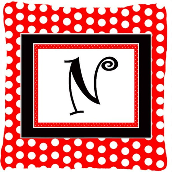 Letter N Initial Monogram - Red Black Polka Dots Decorative Indoor & Outdoor Fabric Pillow