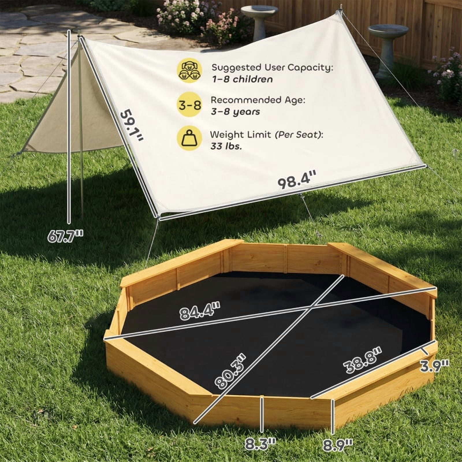 Alvantor Octagonal Wooden Sandbox with Canopy, Outdoor Sand Box with 4 Bench Seats for Kids Aged 3-8 Yellow 84.4"