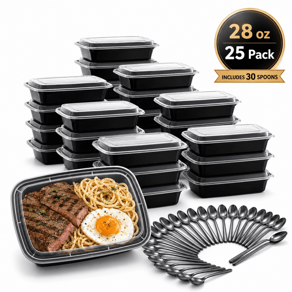 Tarvako 25 Pack Meal Prep Containers, 28oz Reusable Food Storage Containers with Lids Spoons, Microwave & Freezer & Dishwasher Safe - Leakproof & BPA Free Reusable Plastic Bento Box