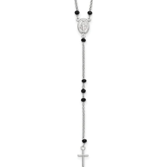 Sterling Silver Black Beaded Roseary With 1.25In .Ext Necklace (19 X 3.2) Made In Italy qg5607-19