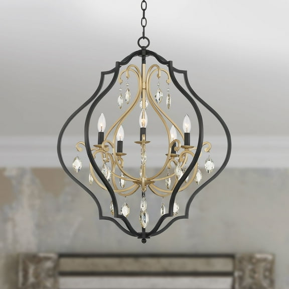 Possini Euro Design Clara Black Gold Pendant Chandelier 27" Wide Industrial Ornate Cage Amber Crystal 5-Light Fixture for Dining Room Kitchen Island