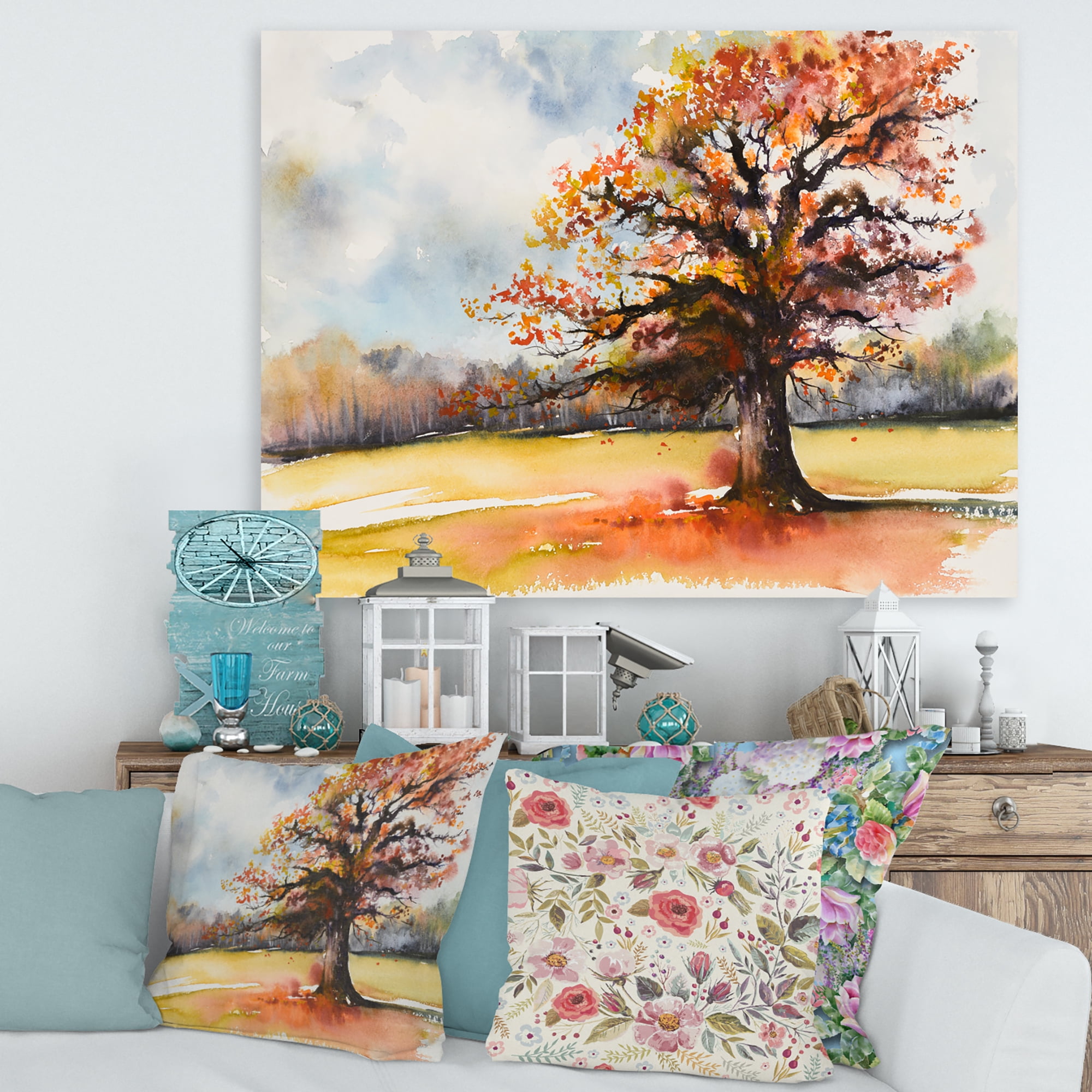 Designart ' Lone Oak Tree In The Fields With Autum Leaves ' Traditional Canvas Wall Art Print