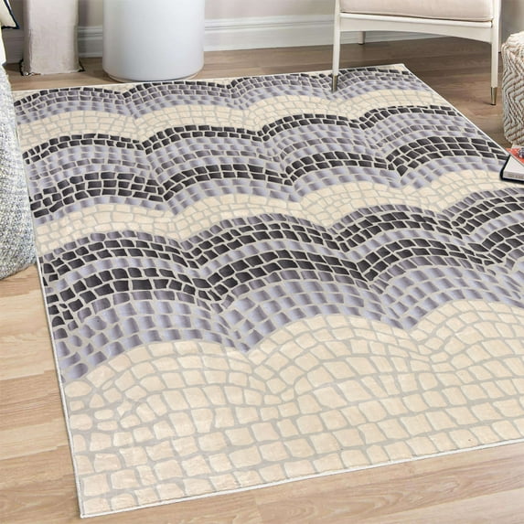Tiles Decorative Rug, Gradient Colored Mosaic Waves Setting Antique Roman Royal Dated Retro Patterns, Quality Carpet for Bedroom Dorm and Living Room, 6 Sizes, Pale Ceil, by Ambesonne