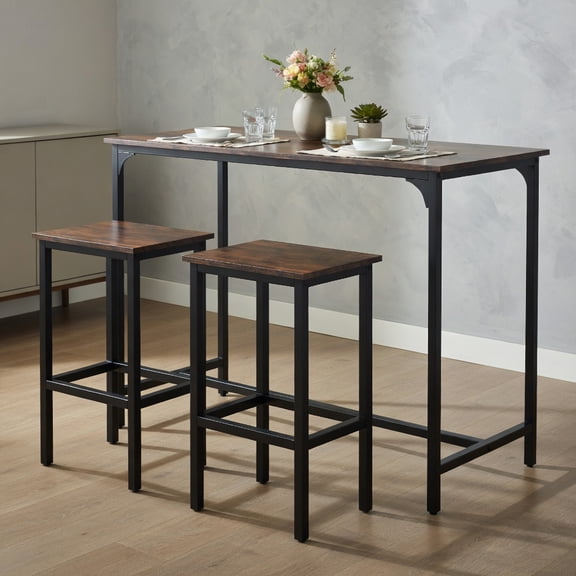 Resenkos Industrial Counter-Height Dining Set: 47.5" Table and 2 Stools, Coffee Brown