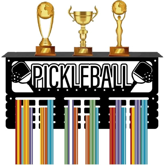 Pickleball Medal Hanger Medal Holder Display with Shelf Trophy Rack Wall Mount Iron Hook Sports Frame Metal Medal Hangers Organizer for Hanging Athlete Medals Awards 15.7 x 7.9Inch Black