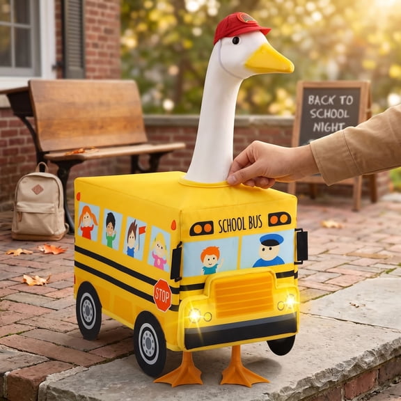23 Inch Porch Goose Outfit Set, Yellow School‑bus Shaped Decorative Costume for Large‑Size Garden Goose Statue, Durable Fabric Holiday Yard‑Decoration Suit for Outdoor Porch Lawn Ornament