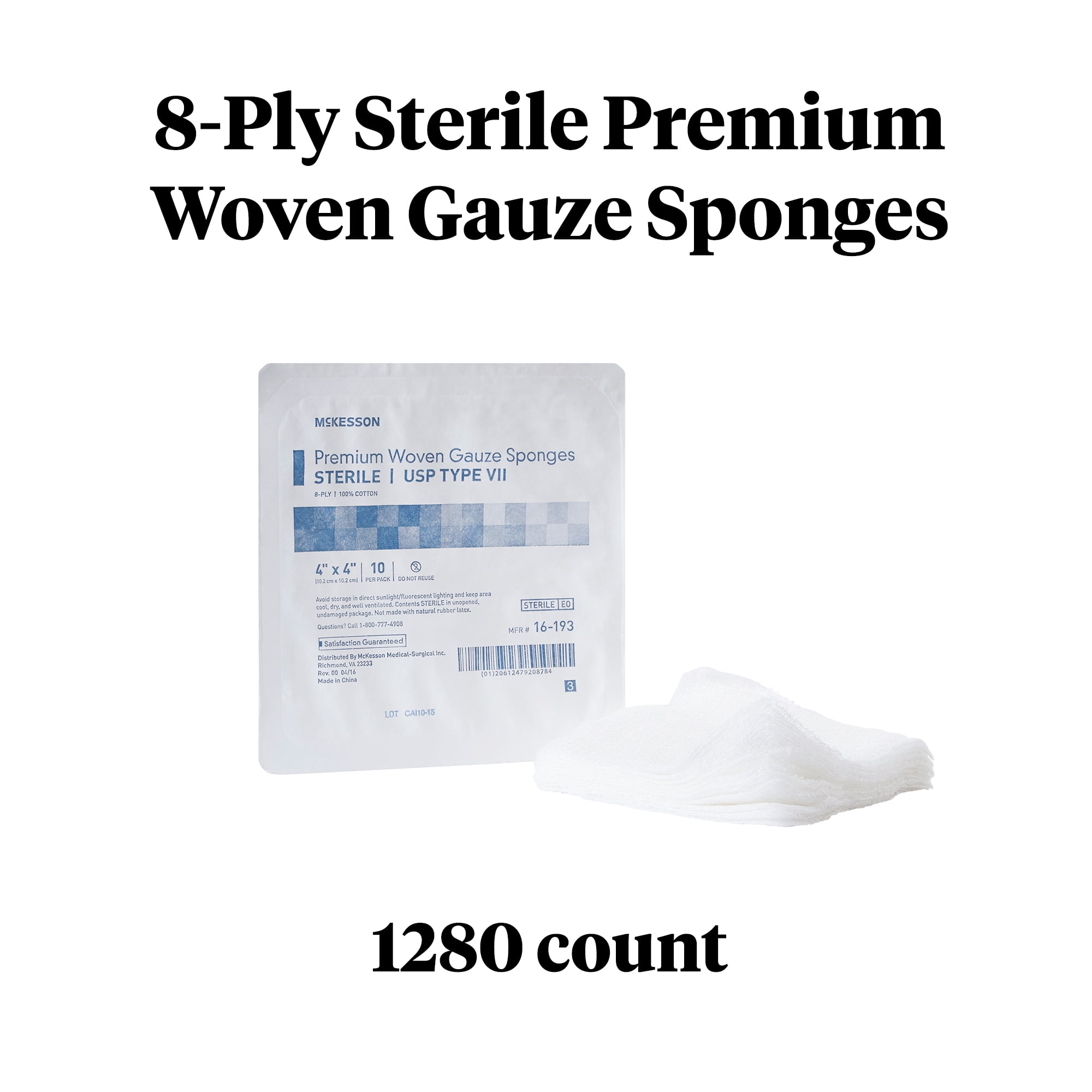 McKesson Premium Woven Gauze Sponges, 8-Ply - Sterile, 4 in x 4 in, 10 per Pack, 128 Packs, 1280 Total