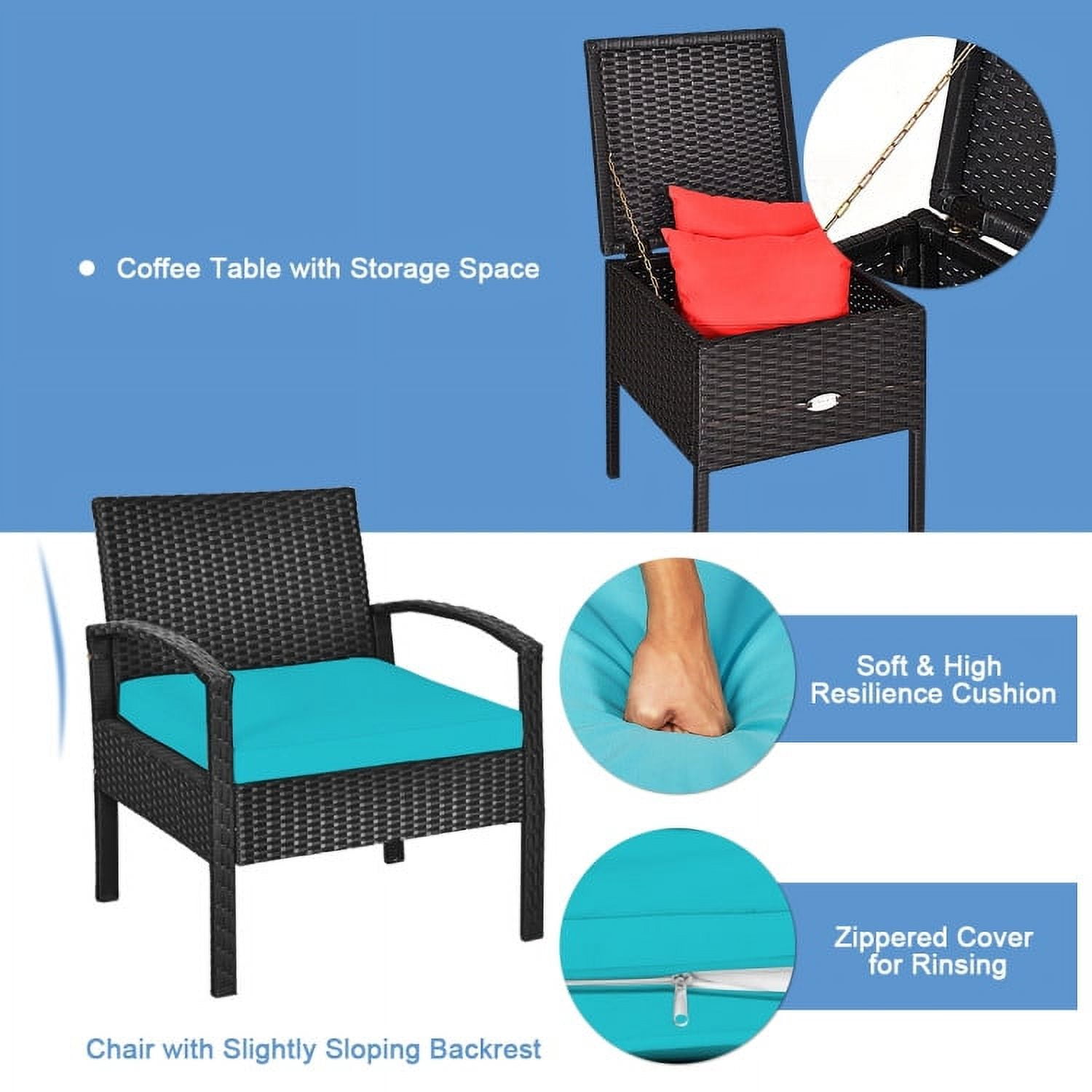 Aimee Lii 3 Piece Wicker Patio Furniture Set, Wicker Outdoor Sectional with Washable and Removable Cushion for Patio, Turquoise