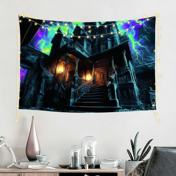 FCXZI   Blacklight Halloween Tapestry Castle and Moon Tapestries UV Reactive Skeleton Halloween Tapestry Wall Hanging Skull Horror Tapestry for Bedroom, Livingroom  60*40in