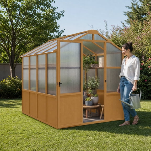 6x8 FT Wooden Walk-In Greenhouse Outdoor Garden Greenhouse with 6MM Polycarbonate Panels Adjustable Roof Vents
