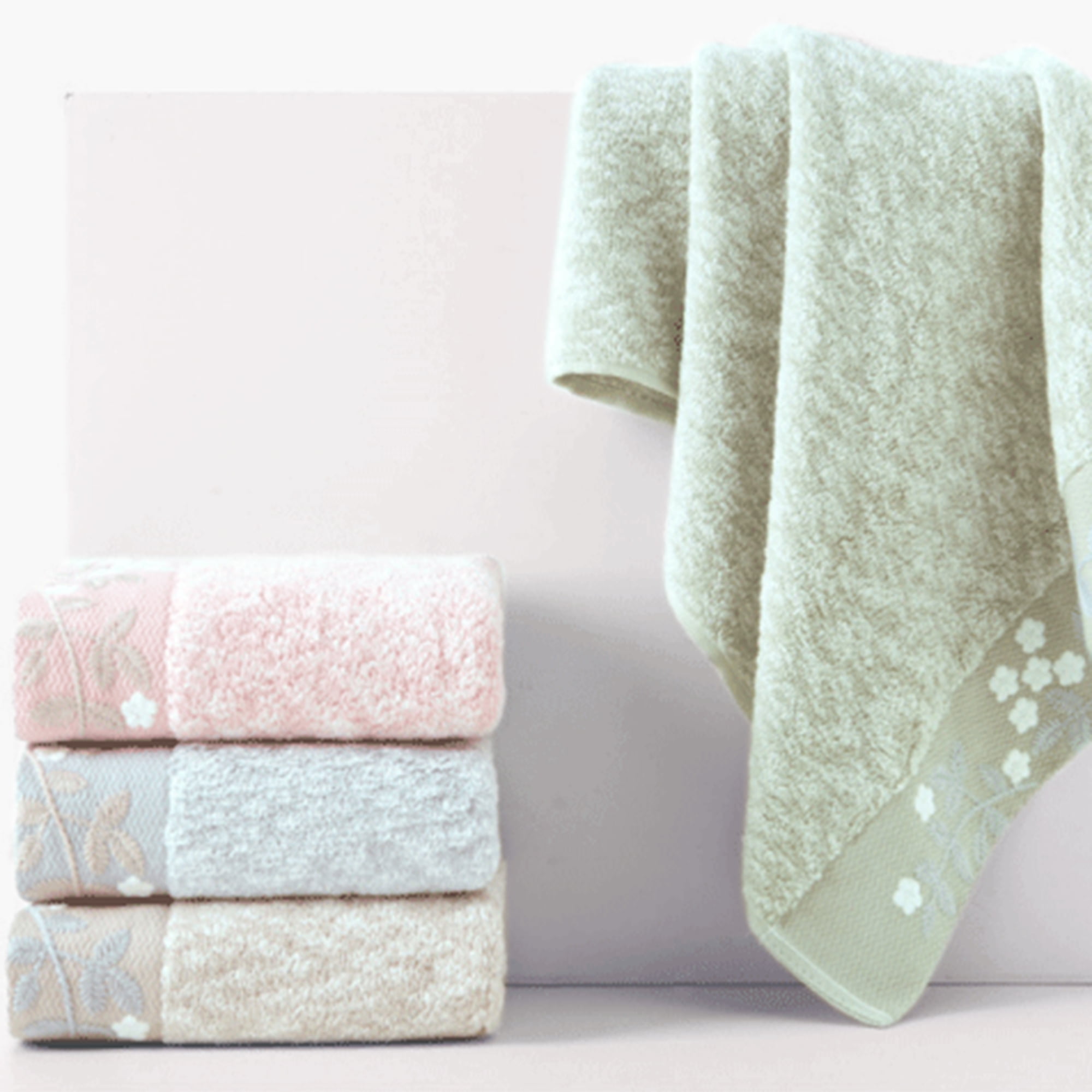 Unique Bargains 4 Pcs Floral Soft Hand Towel Light Brown/White 14" x 28"/13" x 29"