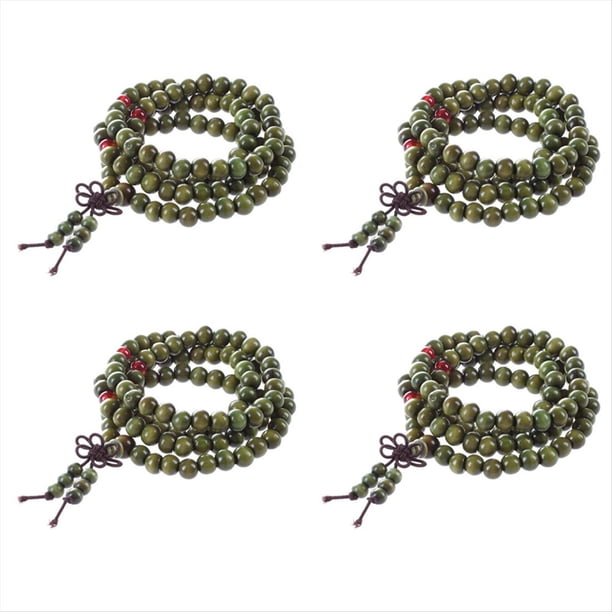 4X Collar Estirable Budista Sandalo Rosario Color Verde Oliva 29 Pulgada