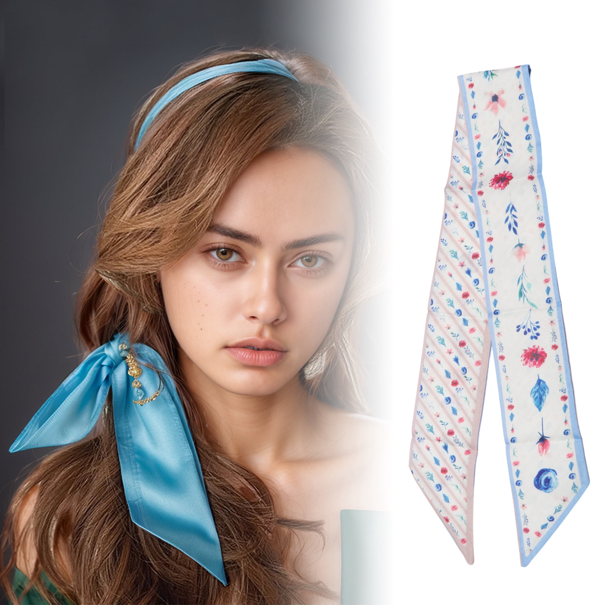 Unique Bargains Floral Long Ribbon Headband for Women Blue 1 Pc