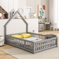 thumbnail image 3 of Full Wood House-Shaped Headboard Floor Bed Mattress Foundation with Fence, Bed Frame Storage Bed w/ Wooden Slats for Boy Girl, No Box Spring Needed, Easy Assembly, 3 of 9