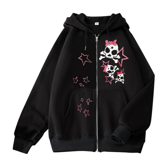 Womens Oversized Hooded Sweatshirts Skull Graphic Printed Crew Neck Full Zip Up Jackets Long Sleeve Loose Fit Hoodies Casual Fashion 2025 Top