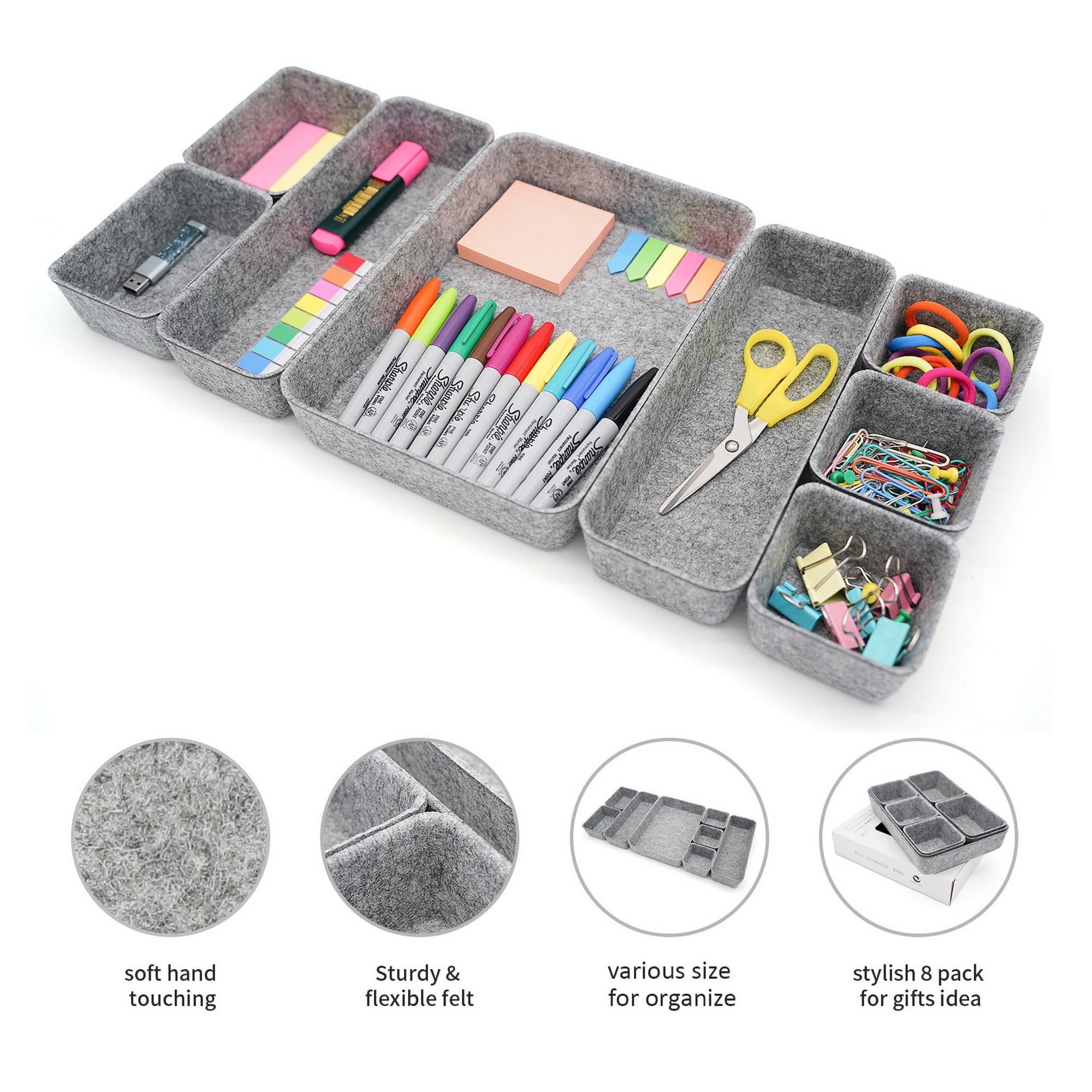 Welaxy Office Drawer Organizers Trays Drawers dividers Felt Storage Bins Organizer bin for Jewelry Cosmetic Makeup Junk Silverware pens Art Crafts Tools Sturdy Flexible Bins,Pack 8 (Gray)