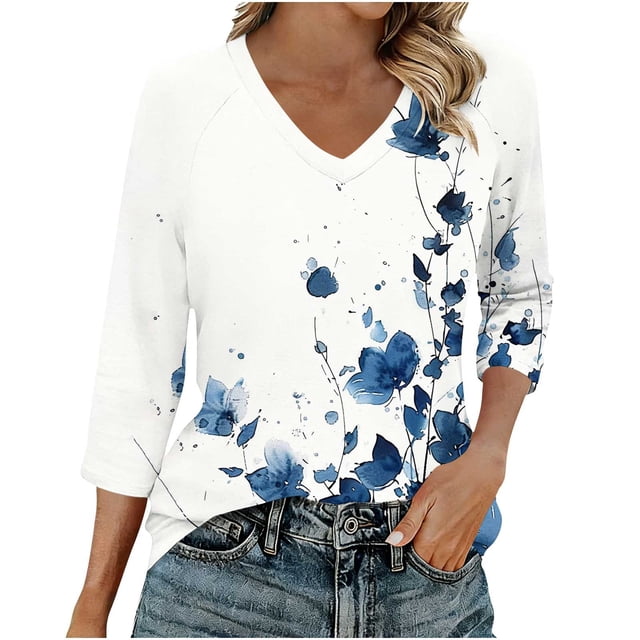 Haut pour Femmes à Manches 3/4, Col en V Raglan, Chandail Décontracté Imprimé pour Femmes, Longueur Régulière, 95 % Polyester 5 % Élasthanne