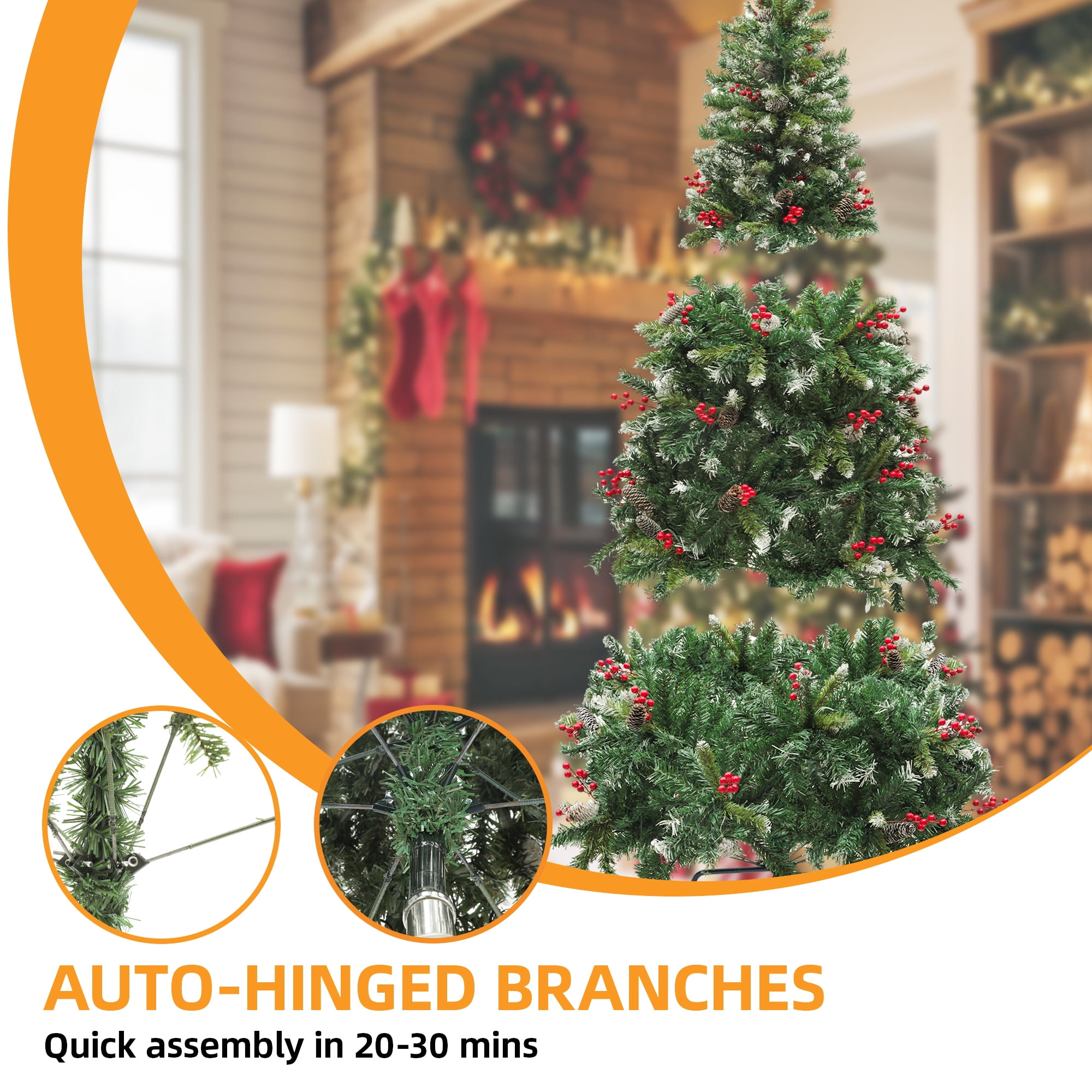 Uforic 6ft Pre-Lit Frosted Pine Christmas Tree with Pine Cones and Red Berries, 818 Branch Tips, 250 LED Lights