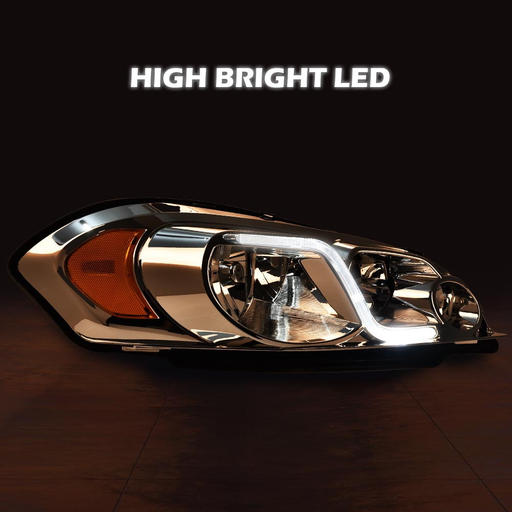 PIT66 LED Headlight Headlamp Clear Lens Chrome Housing Amber Reflector Fit for 06-07 Chevy Monte Carlo/06-13 Chevy Impala/14-16 Chevrolet Impala DRL Assembly Accessories