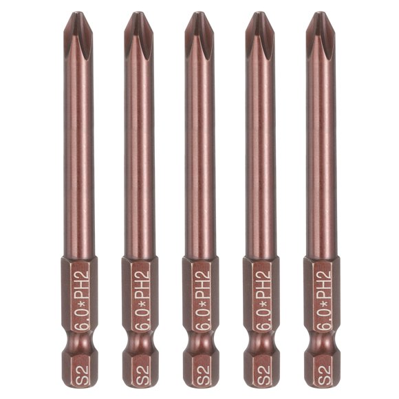 Uxcell 5 Pcs 2 Phillips Embout de Tournevis PH2 1/4 Pouces Hexagone 3 Pouces (75mm) Tige Longue 0.24 Pouces Tête Croisée Magnétique Outil Électrique Industriel en Acier S2, Marron
