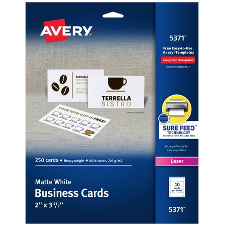 Avery Printable Microperf Business Cards Laser 2 x 3 1/2 White Uncoated 250/Pack 5371