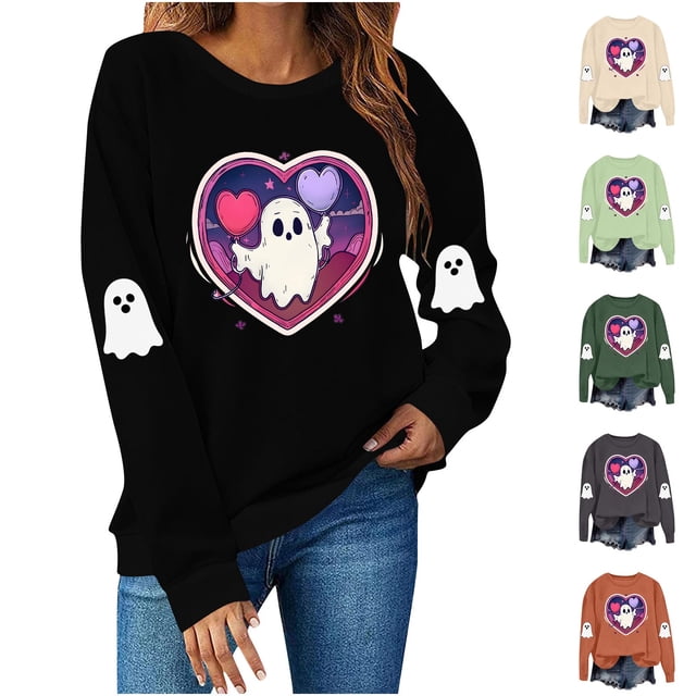 VKOYWKM Chandails d'Halloween pour Femmes Chandail Graphique Fantôme Col Rond Manches Longues chandail d'Automne Hauts de Fête Assortis Chandails d'Halloween pour la Famille