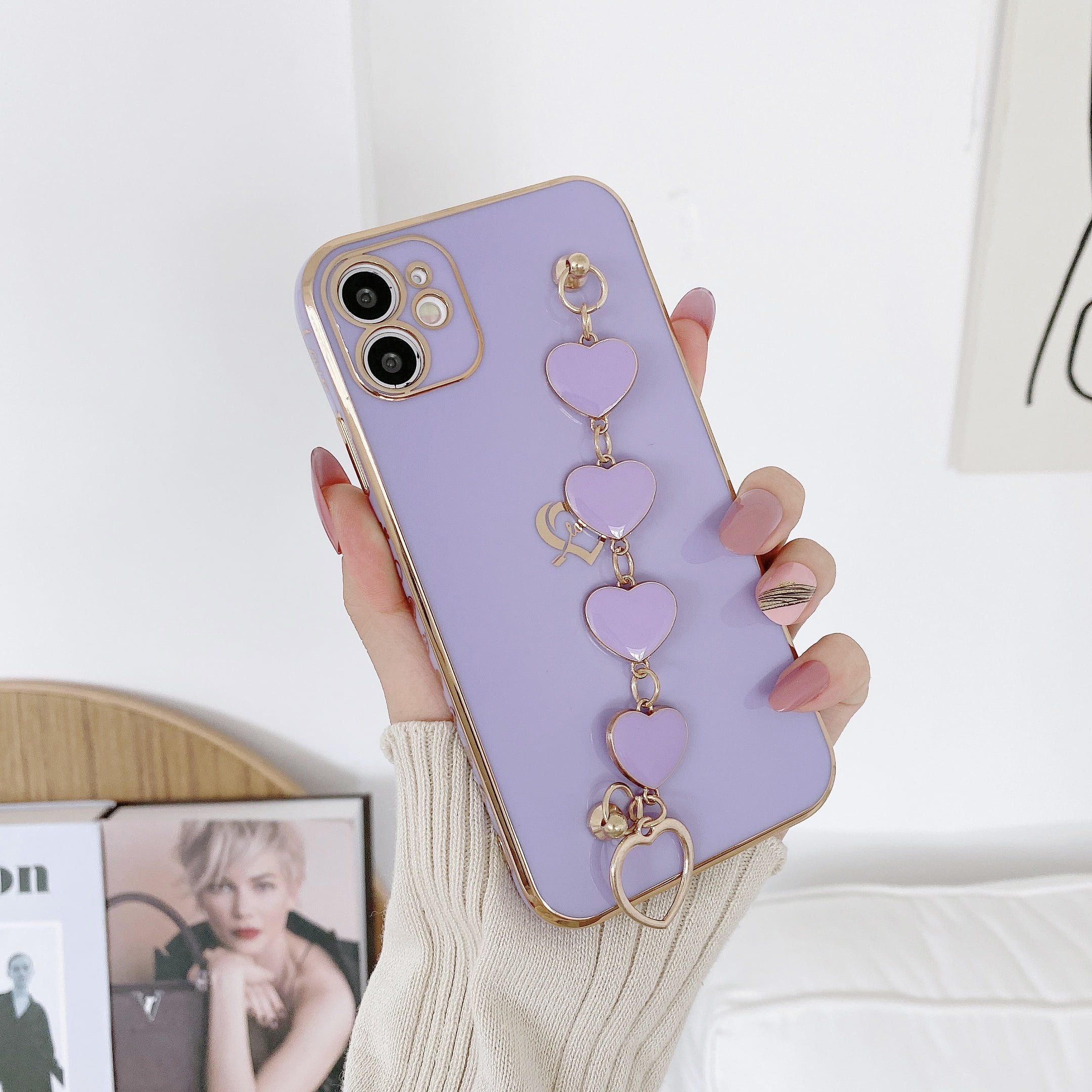 Dteck Luxury iPhone 12 Mini Cute Case for Women,Sparkle Plating Heart Case  with Chain Strap Camera Lens Protective Girly Case For iPhone 12